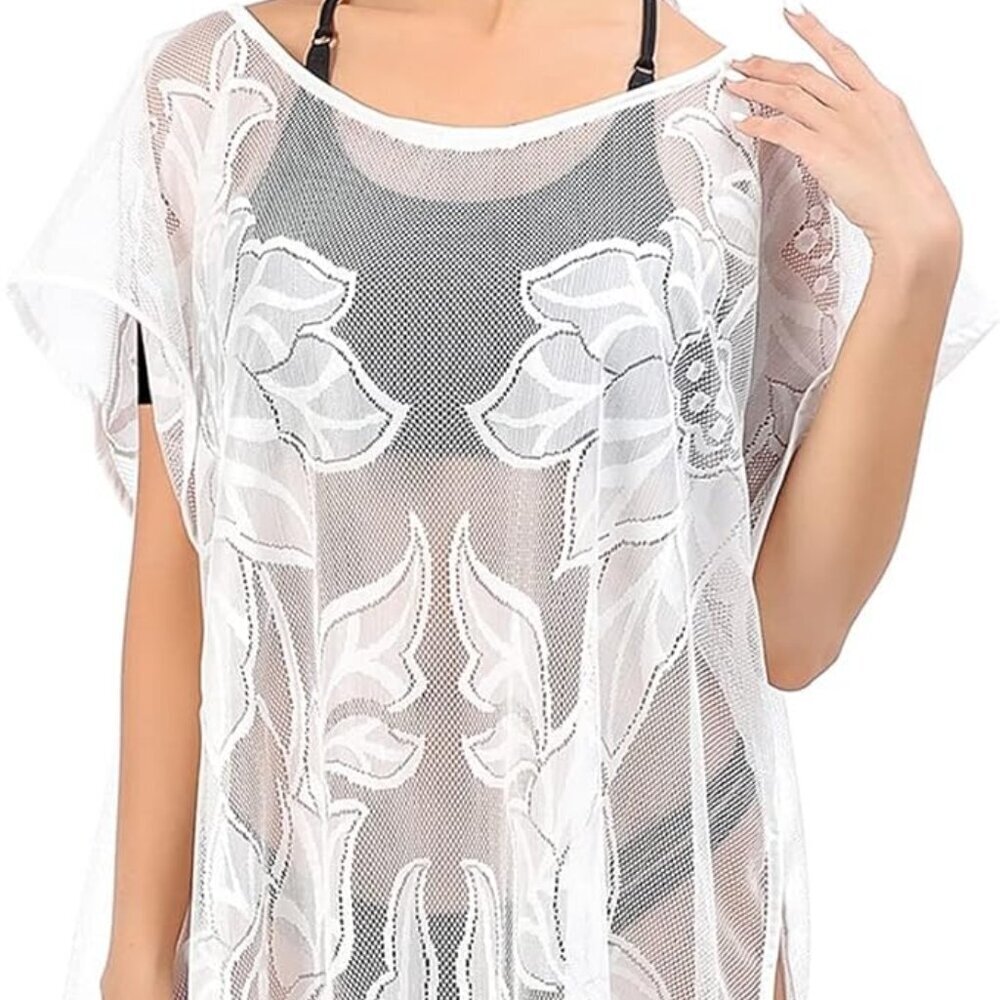 NWT Cruise Club Coverup Womens OS White Floral Lace Sheer Mesh Fringed Pullover